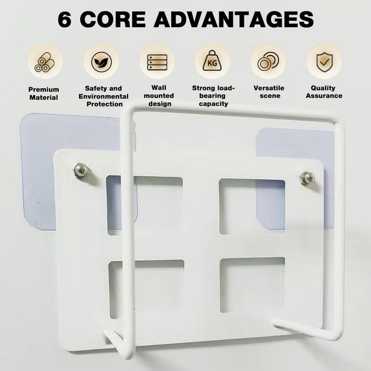 A white metal router mount with two clear adhesive hooks, overlaid with text describing six core advantages.