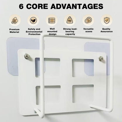 A white metal router mount with two clear adhesive hooks, overlaid with text describing six core advantages.