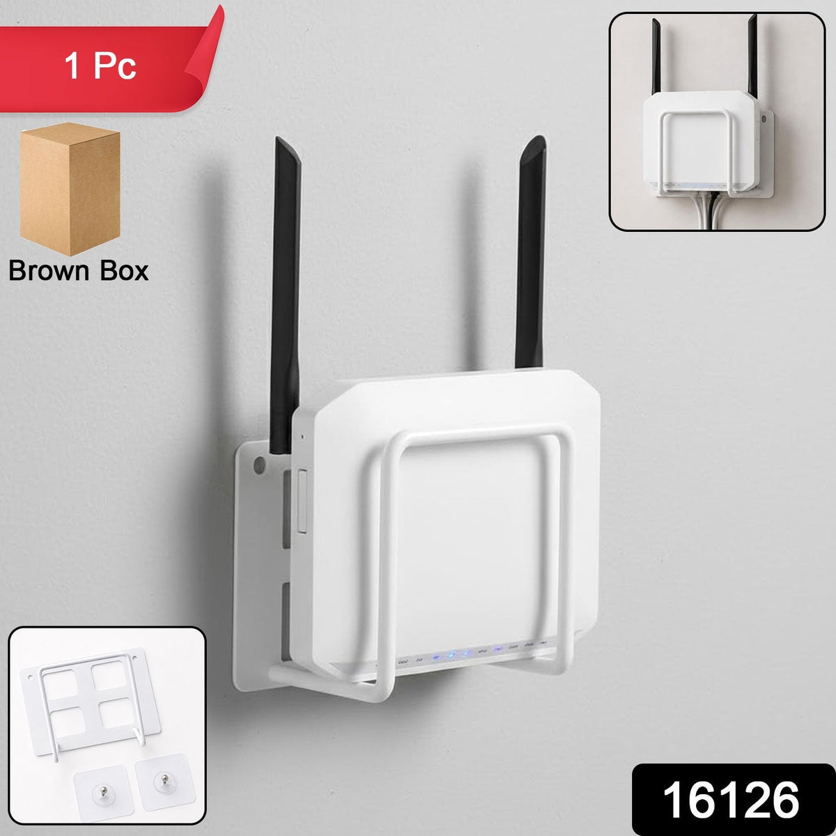 A white WiFi router is mounted to a wall with a white metal bracket, and a brown box is visible in the corner.