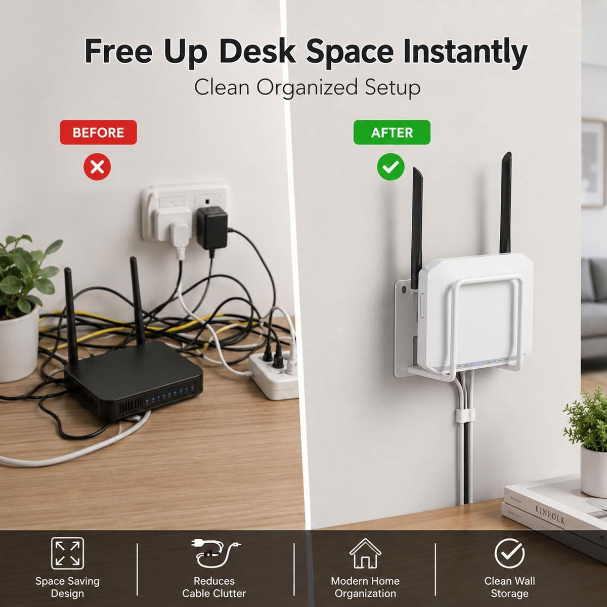 A split image showing a messy desk with a router on the left and an organized wall-mounted router on the right.