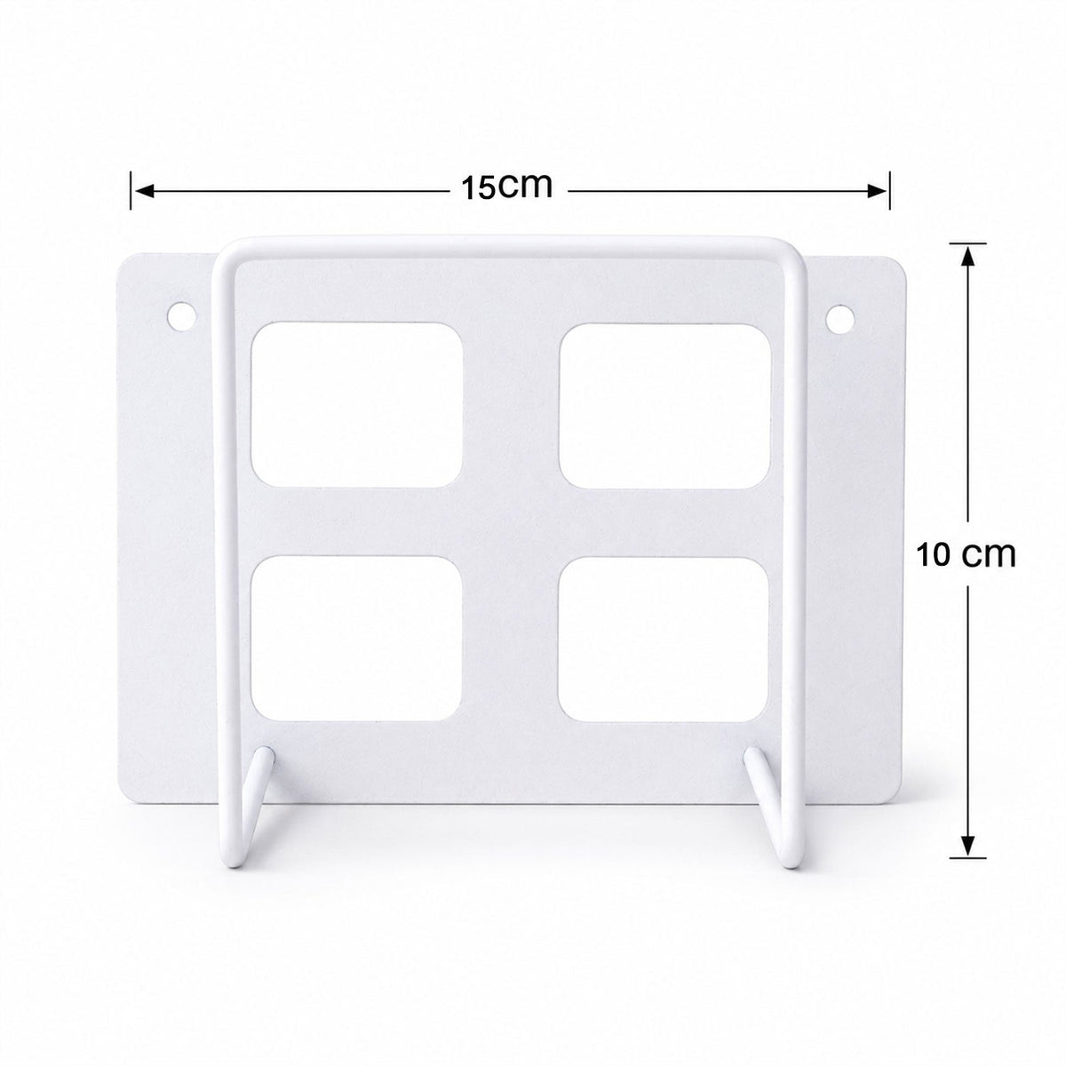 A white metal router mount with four square cutouts, displaying dimensions of 15cm width and 10cm height.