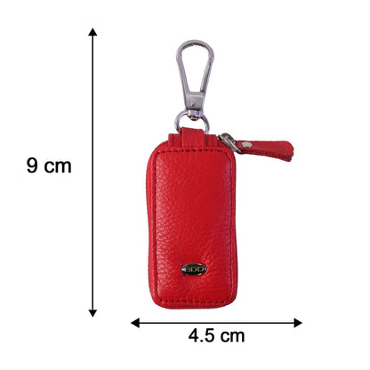 Closed red leather car key case with a silver snap hook, showing dimensions of 9 cm length and 4.5 cm width.