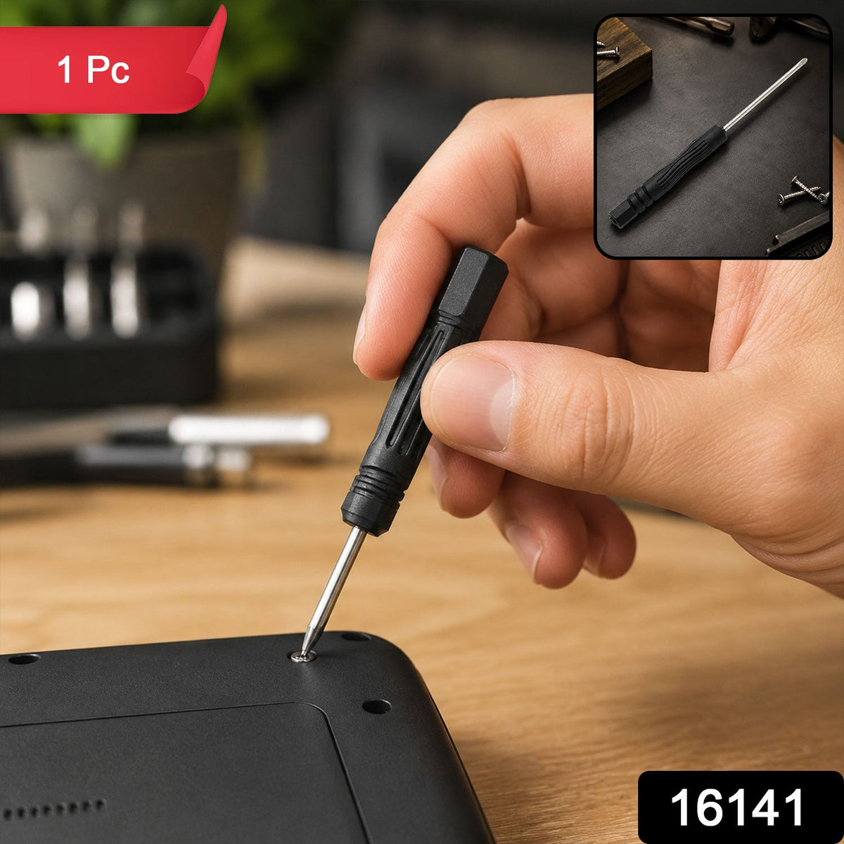 A hand uses a black and silver mini screwdriver to tighten a screw on a black device, with a small inset showing the full