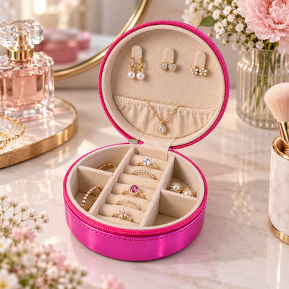 Open round pink jewellery box displaying rings, earrings, and a necklace on a white marble vanity surface.