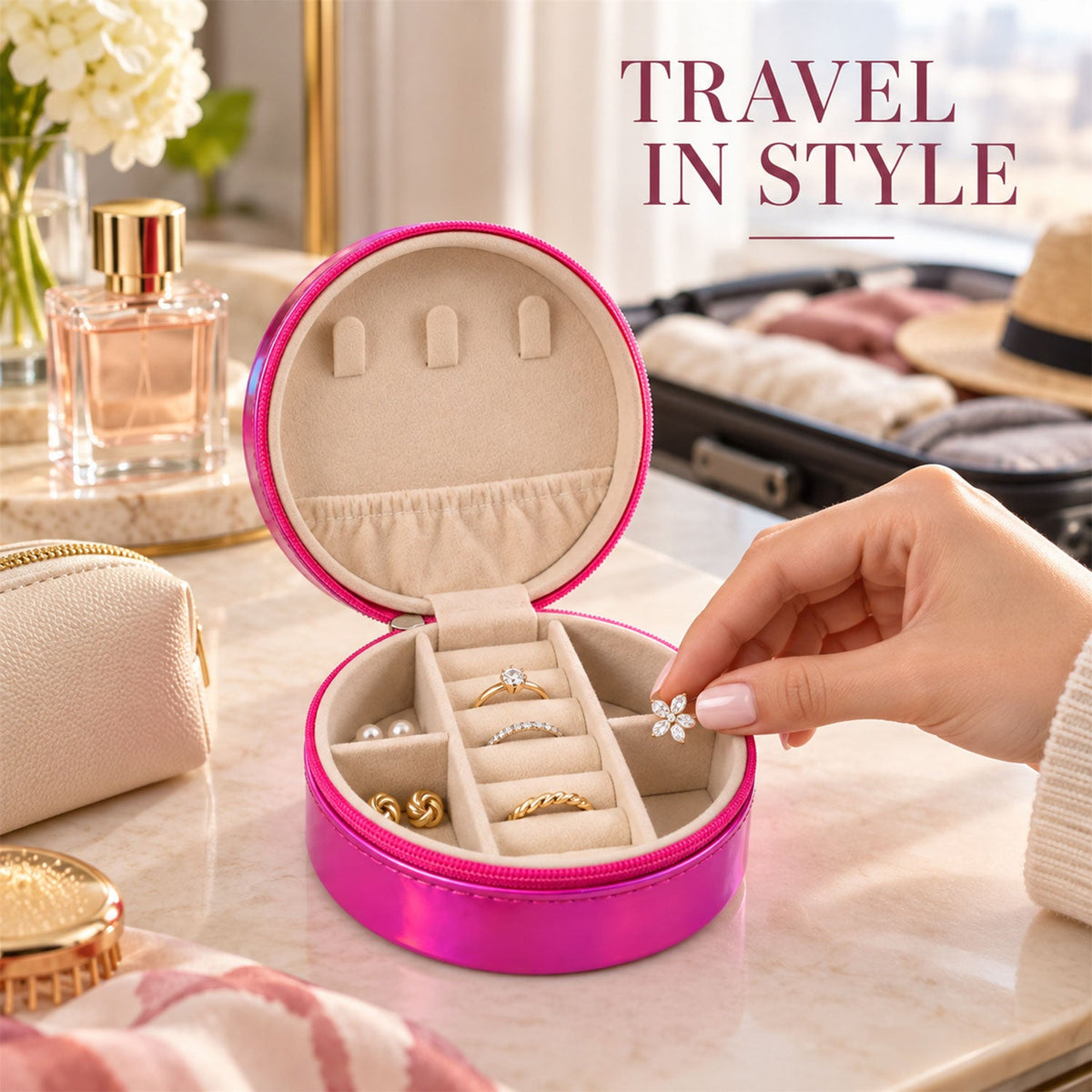 A hand places a small flower-shaped earring into an open holographic pink travel jewellery box on a vanity.
