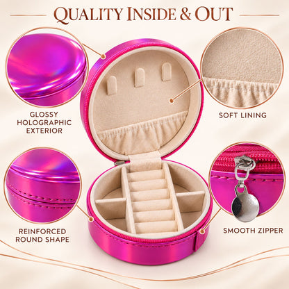 Detailed view of the pink jewellery box showing its glossy exterior, soft lining, reinforced shape, and smooth zipper.