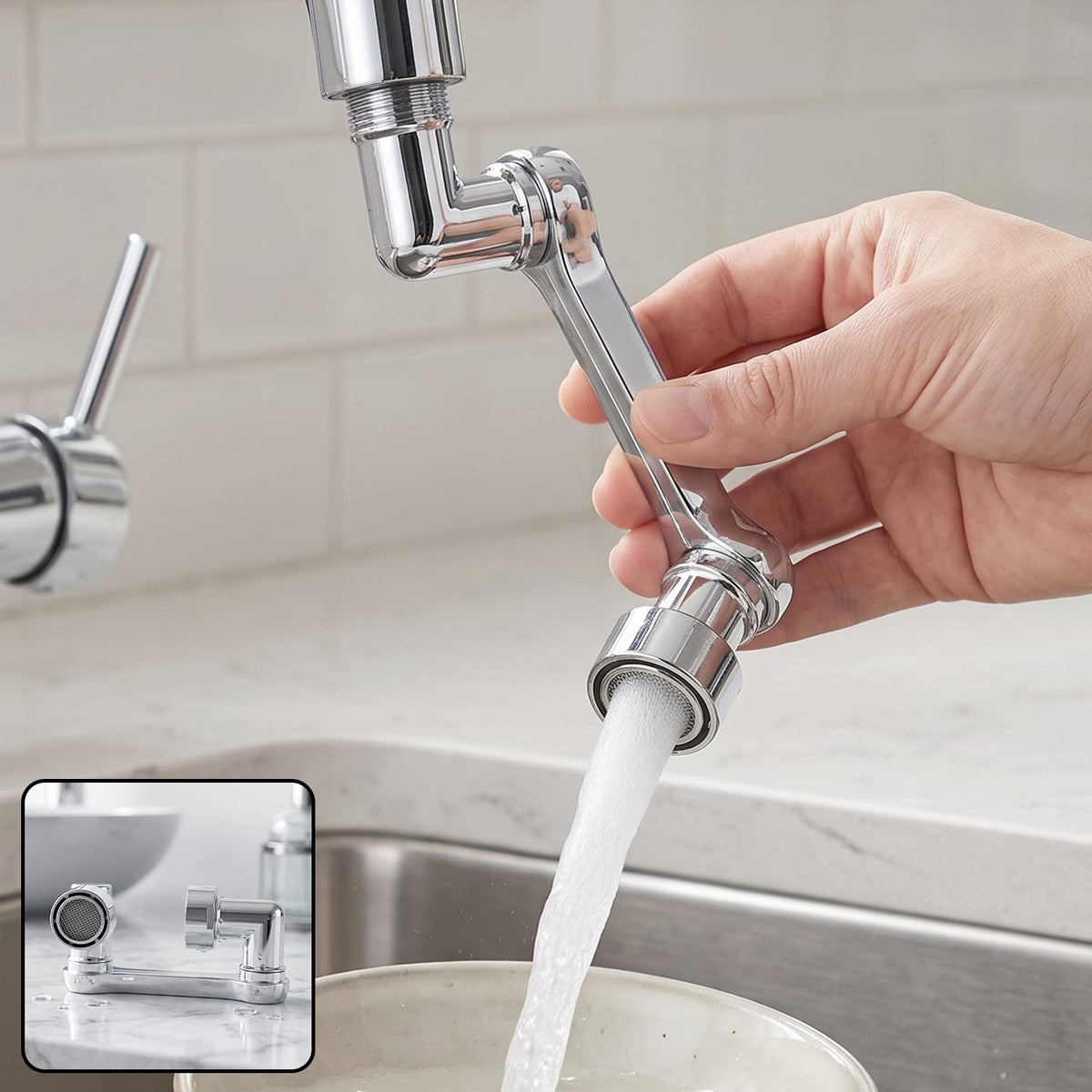 A hand adjusts a chrome swivel faucet aerator attached to a kitchen faucet, with water flowing into a bowl.