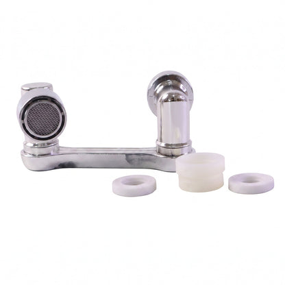 The chrome swivel faucet aerator displayed with three white plastic washers on a plain white background.