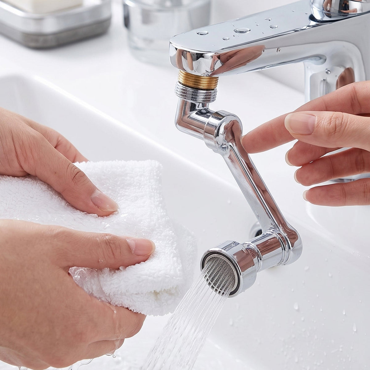 Two hands hold a white towel under the chrome swivel faucet aerator, with water flowing from a bathroom faucet.