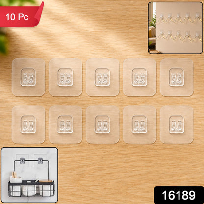 A set of ten clear adhesive hooks displayed on a wooden table, with a red banner indicating '10 Pc' and a product number.