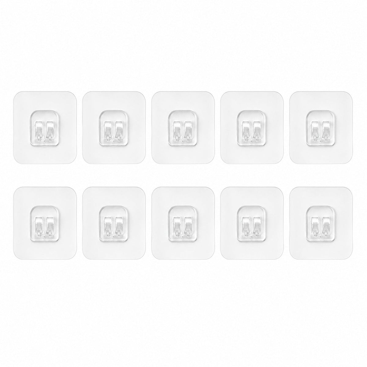 Ten individual clear square adhesive hooks with twin plastic prongs are neatly arranged in two rows on a white background.