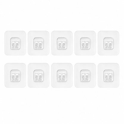 Ten individual clear square adhesive hooks with twin plastic prongs are neatly arranged in two rows on a white background.