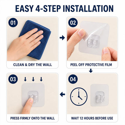 A four-step installation guide shows cleaning the wall, peeling film, pressing the hook, and waiting 12 hours before use.
