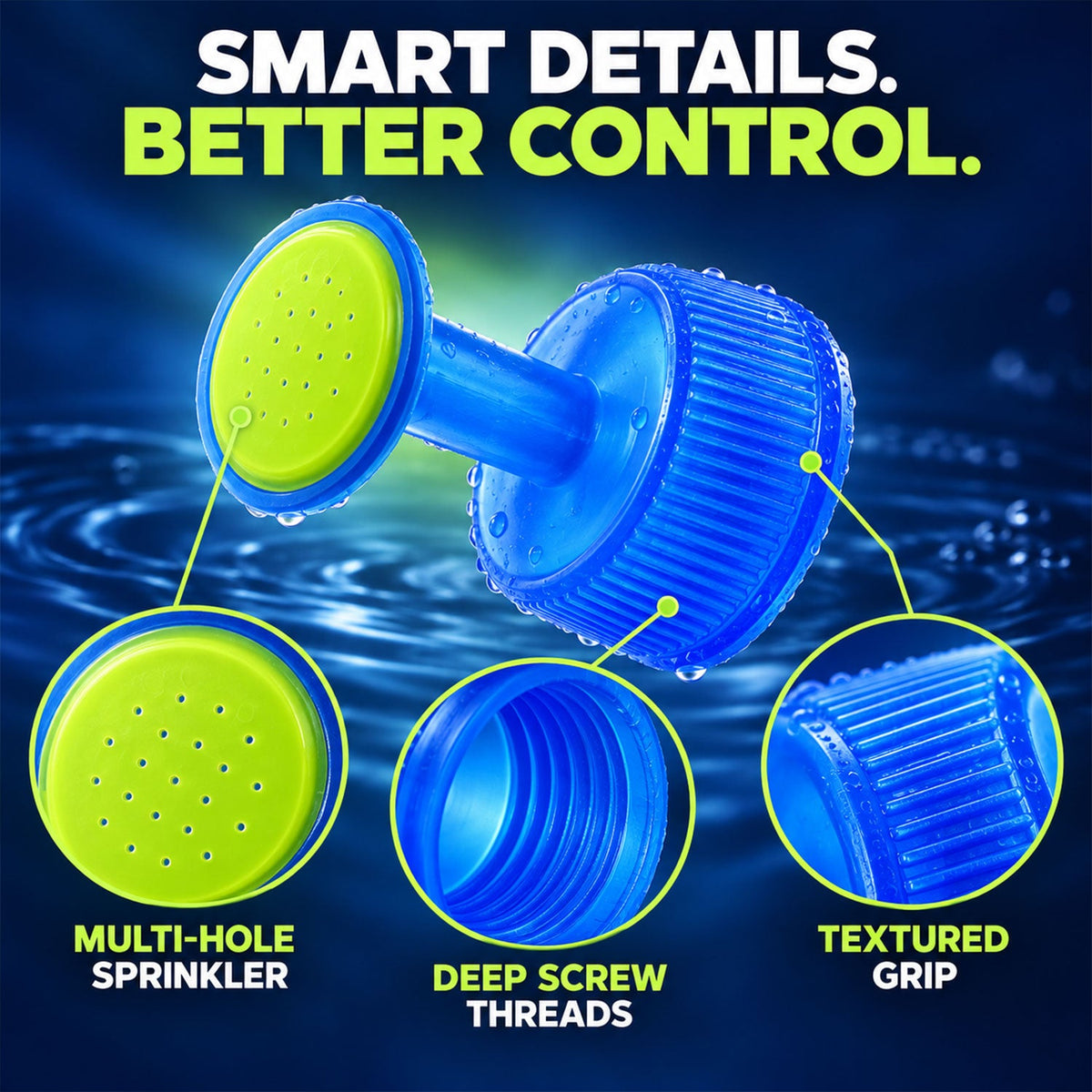 A close-up of a blue and green plastic bottle cap sprinkler with text highlighting multi-hole sprinkler, deep screw threads,