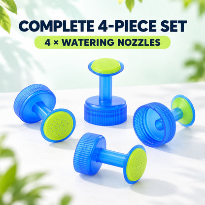 Four blue and green plastic bottle cap sprinklers are arranged on a white surface with a leafy background, two upright and