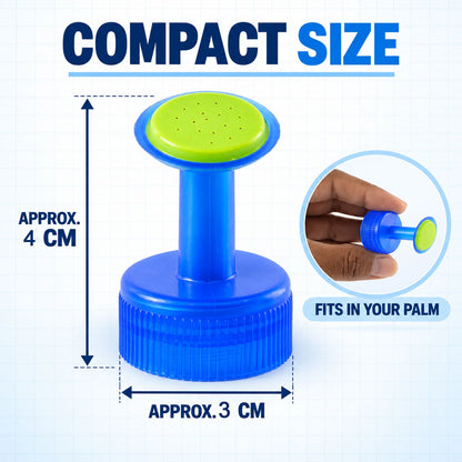 A blue and green plastic bottle cap sprinkler with dimensions of approximately 4 cm height and 3 cm width. Inset shows it