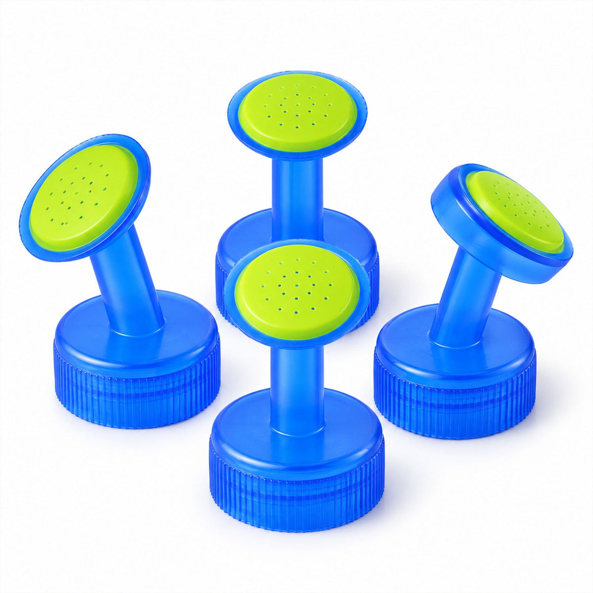 Four blue and green plastic bottle cap sprinklers are arranged on a white surface, two upright and two tilted.