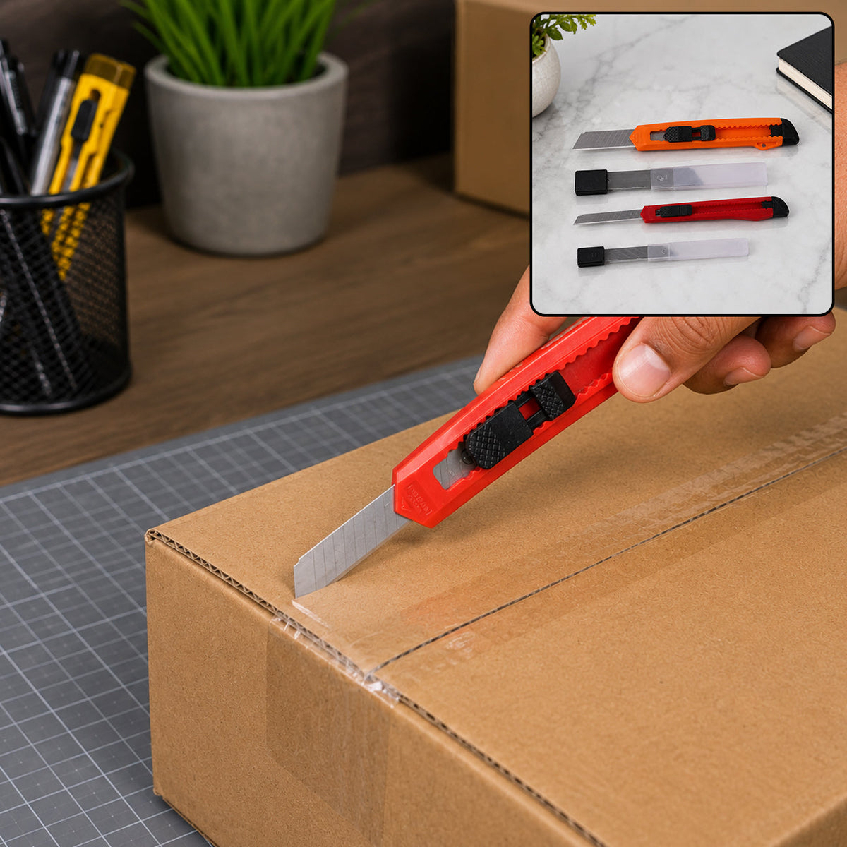A hand uses a red utility knife to cut open a cardboard box on a grey cutting mat.