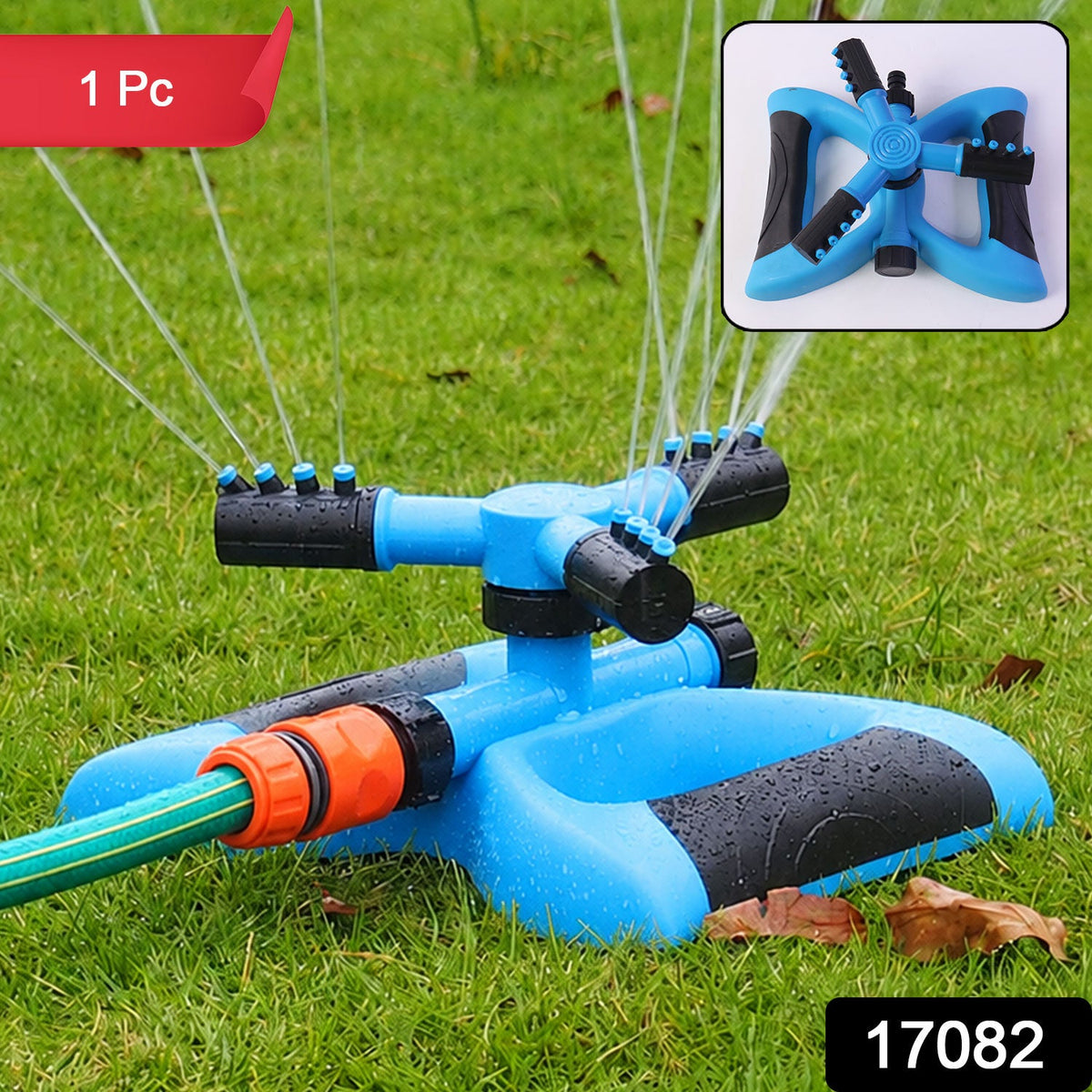 A blue and black sprinkler with three rotating arms sprays water onto green grass, with an inset close-up view.