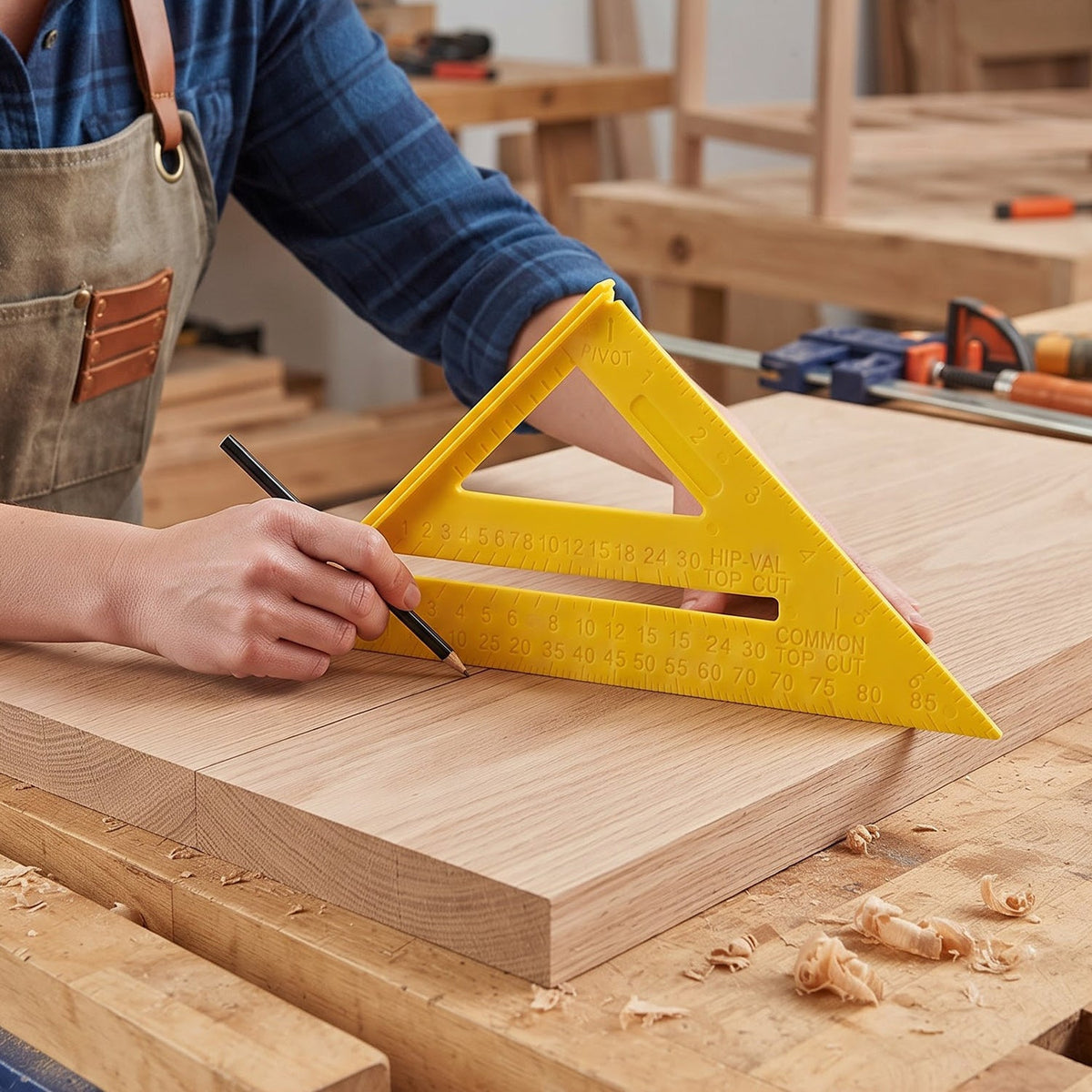 A person in a brown apron uses a yellow plastic speed square and pencil to mark a piece of light wood