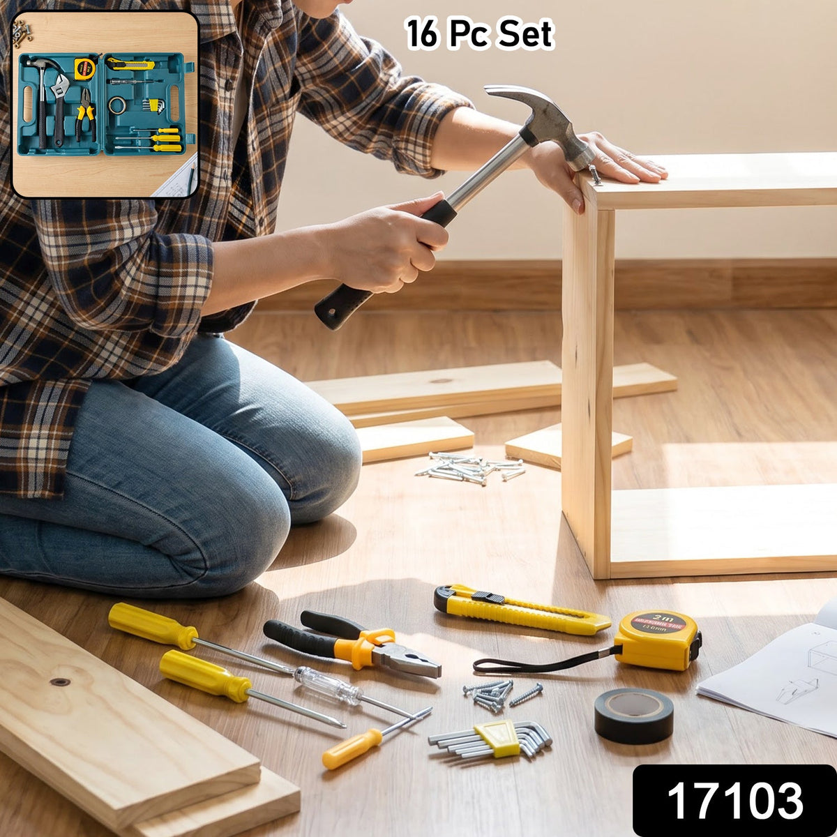 A person in a plaid shirt and jeans hammers a wooden frame, with a small inset showing the 16-piece tool kit.