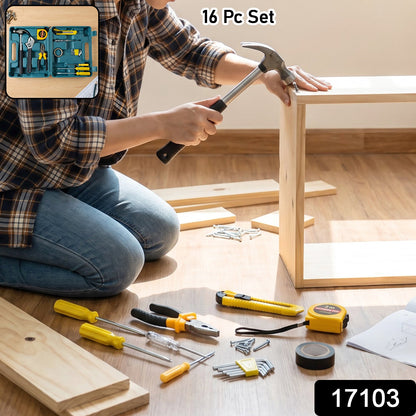 A person in a plaid shirt and jeans hammers a wooden frame, with a small inset showing the 16-piece tool kit.