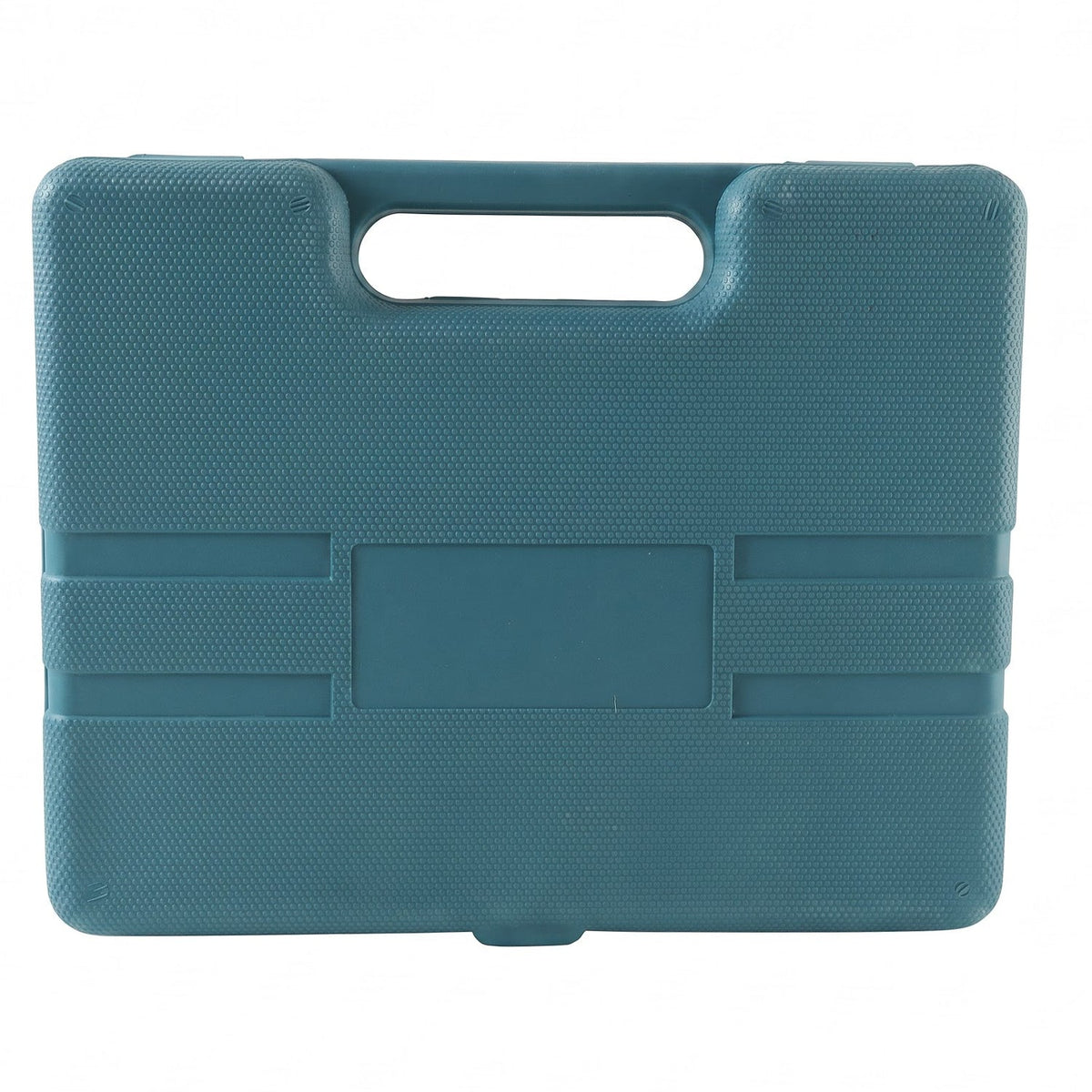 A closed, textured teal plastic toolbox with a top handle is presented against a plain white background.