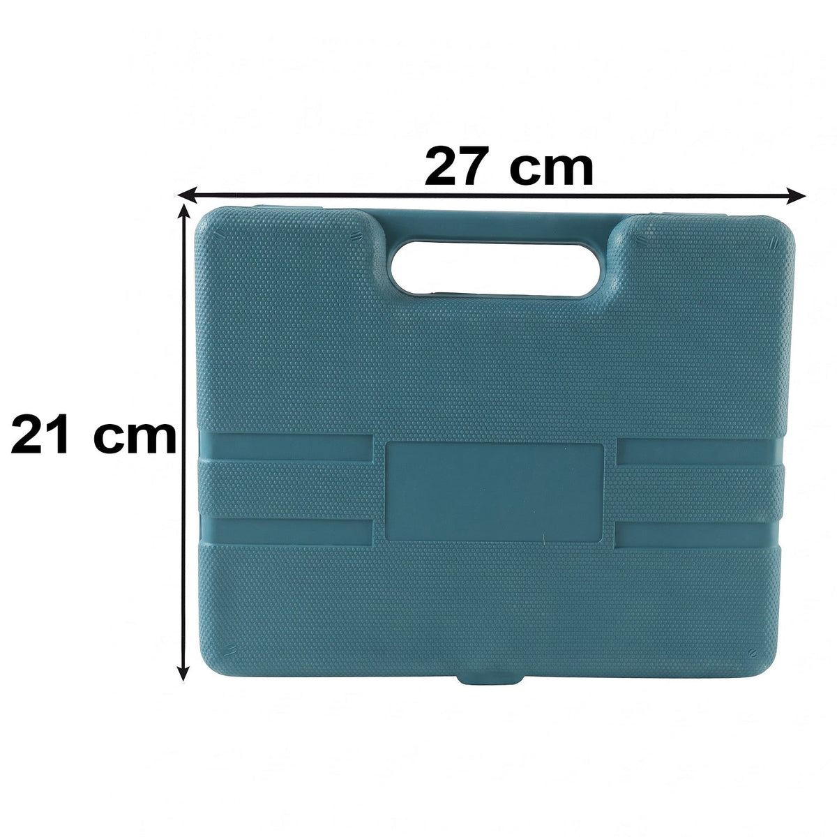 A closed, textured teal plastic toolbox with a handle, showing dimensions of 27 cm width and 21 cm height.