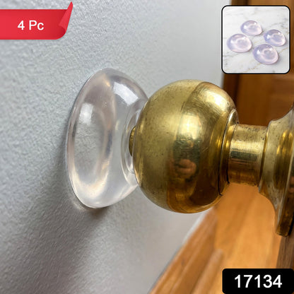 A clear silicone bumper on a light gray wall with a brass doorknob, with a red "4 Pc" label and a black "17134" label.