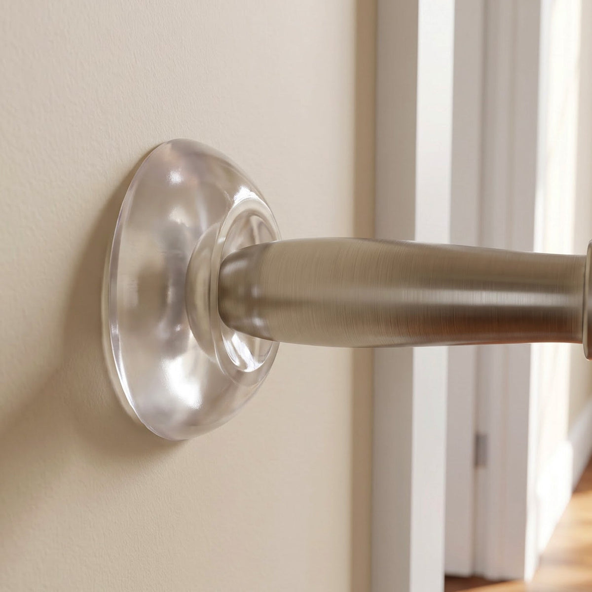 A clear silicone wall protector is adhered to a light beige wall, positioned behind a brushed metal door handle.