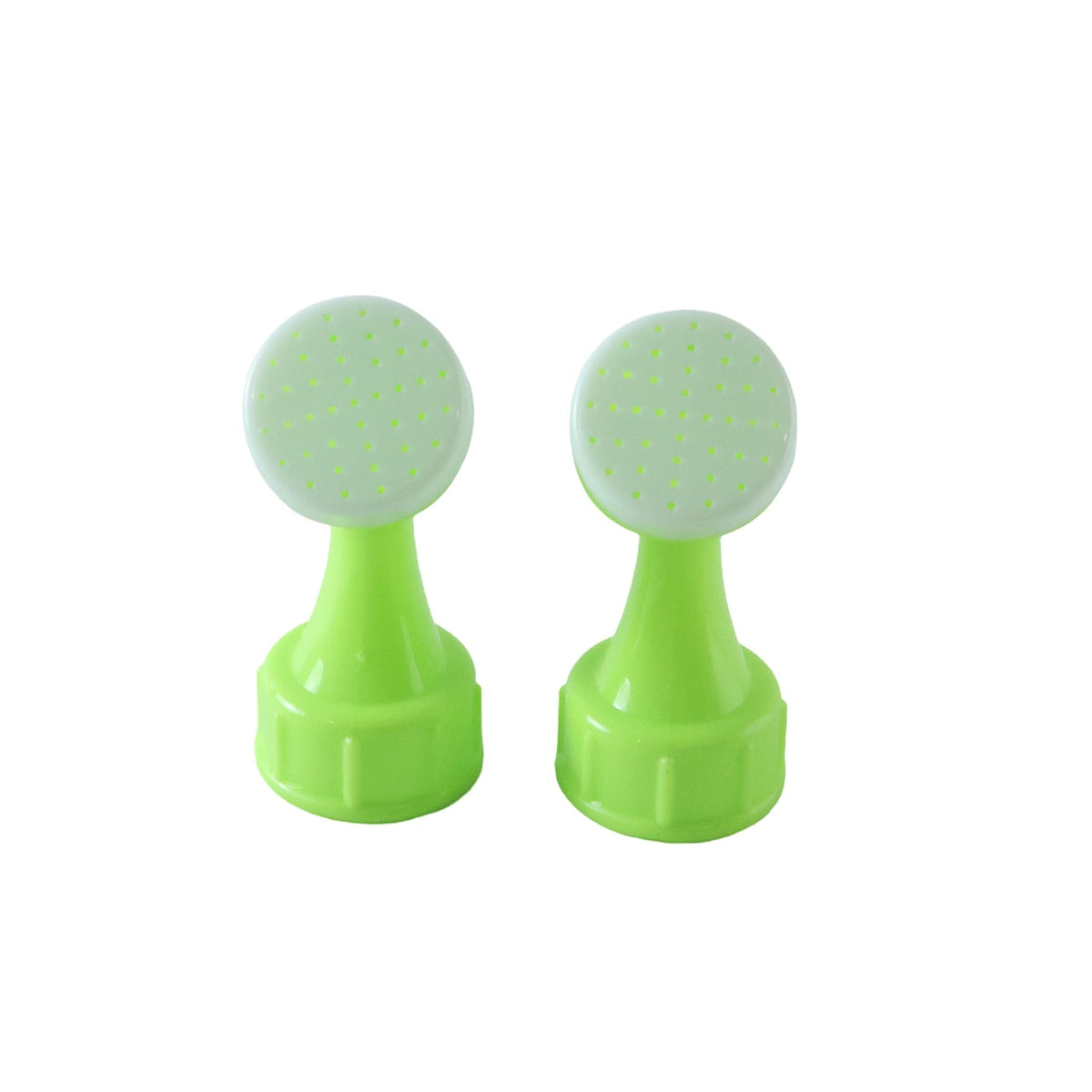 Two identical green plastic bottle top watering sprinklers with white tops are displayed on a white background.