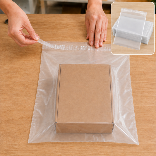 Hands sealing a clear polybag around a brown box on a wooden table, with a stack of bags in the corner.