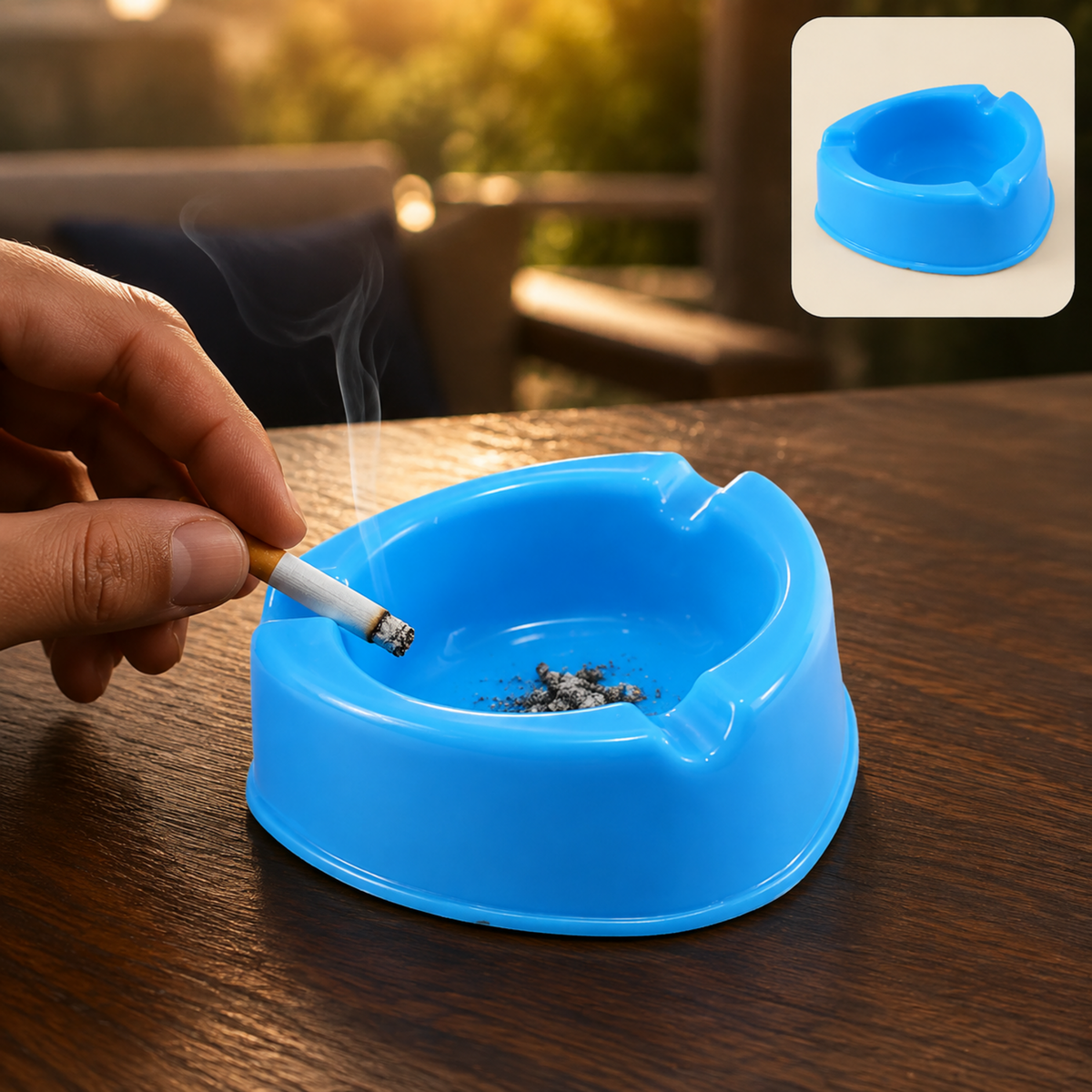 A hand holds a lit cigarette over a blue plastic ashtray filled with ashes on a wooden table outdoors.