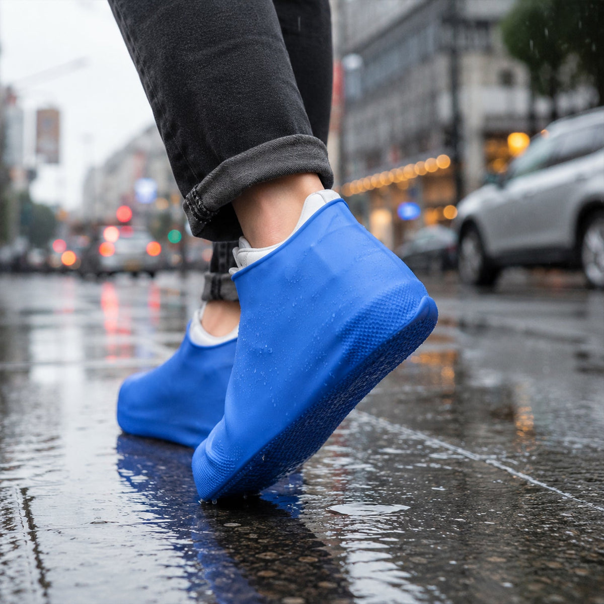 A person walks on a wet city street wearing blue waterproof shoe covers over white sneakers.