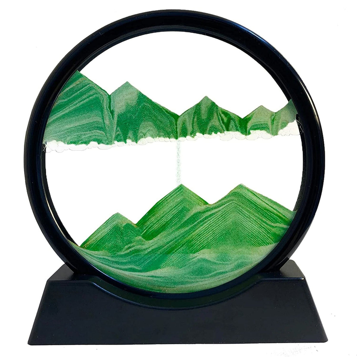 A black-framed circular sand art display with green sand forming two sets of mountains, on a white background.