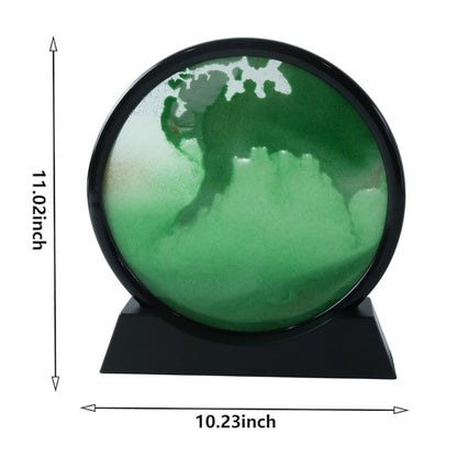 A black-framed circular sand art display with green sand, showing dimensions of 11.02 inches high and 10.23 inches wide.