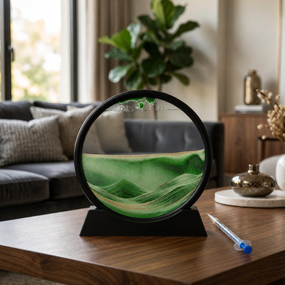 A black-framed circular sand art display with green and gold sand creating a landscape, sitting on a table