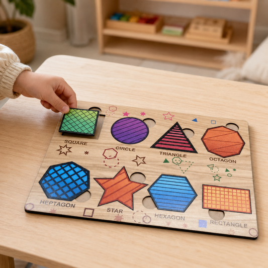 A child's hand places a green square puzzle piece into a wooden shape sorting board.
