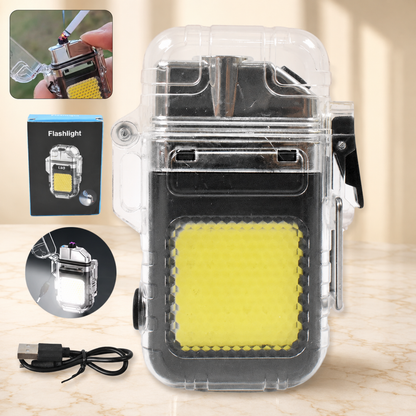 A clear waterproof electric lighter and flashlight with yellow COB light, shown with a USB cable and in-use in three inset