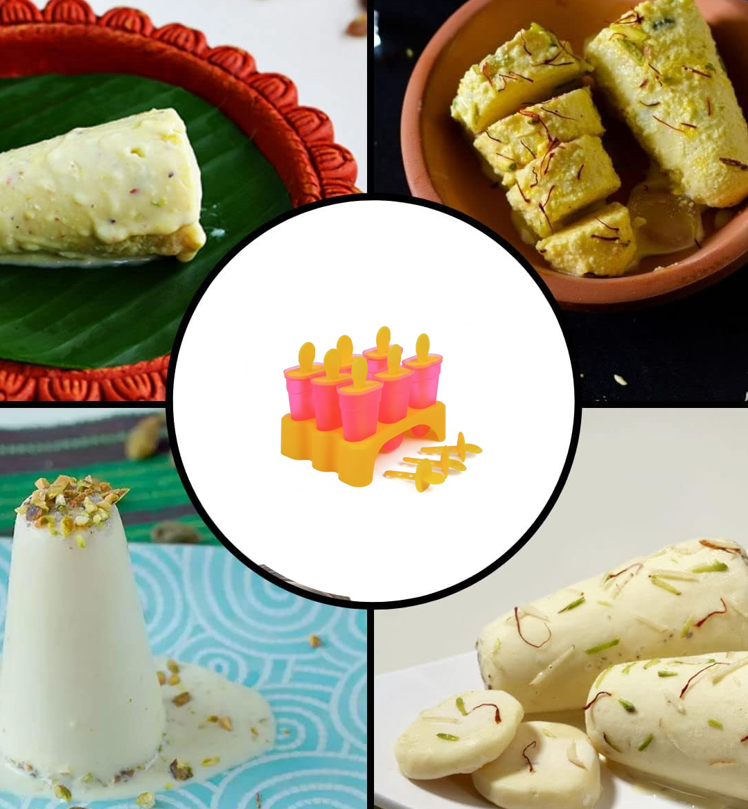 A central image of the pink and yellow popsicle molds surrounded by four images of various Indian frozen desserts.