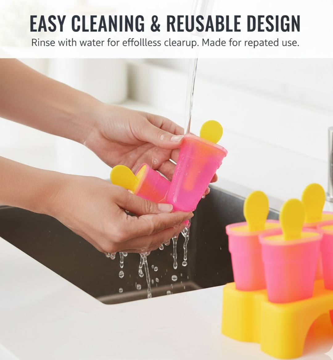 Hands rinsing a pink and yellow popsicle mold under running water in a black sink, with other molds nearby.