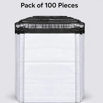 A tall, neat stack of 100 white poly mailer bags with black seals, standing upright on a grey background.