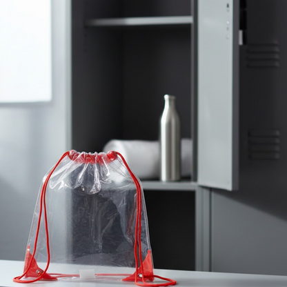 Clear drawstring bag with red cords and accents, standing on a shelf in front of a locker with a water bottle and towel.