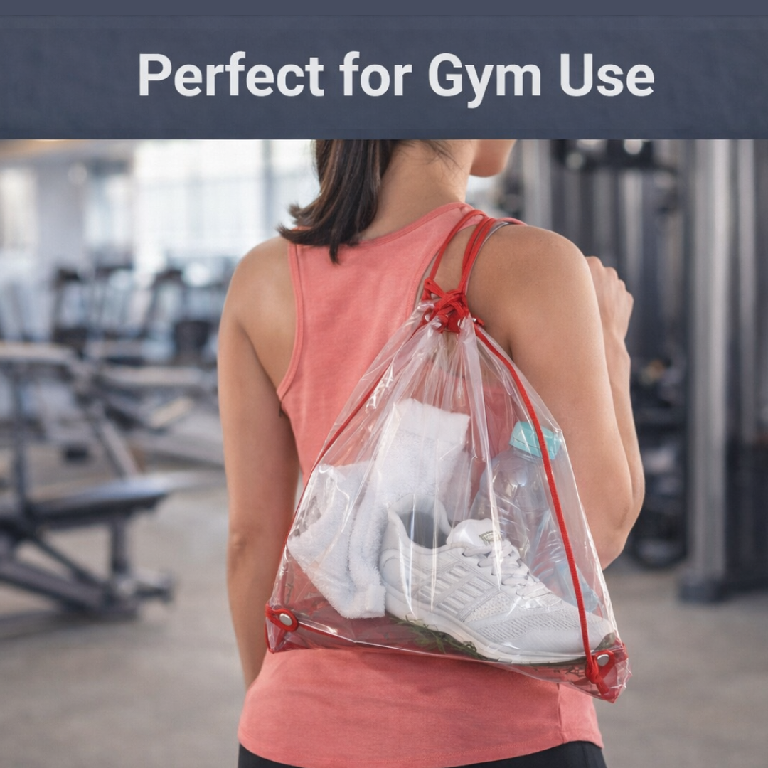 Woman from behind carrying a clear drawstring bag with red cords, filled with white sneakers, a towel, and a water bottle at
