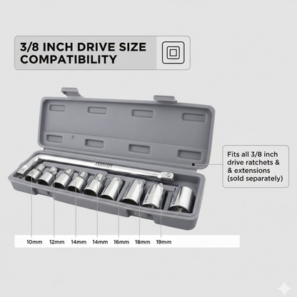 An open grey socket wrench set case with chrome sockets is shown with text indicating 3/8 inch drive compatibility and sizes.