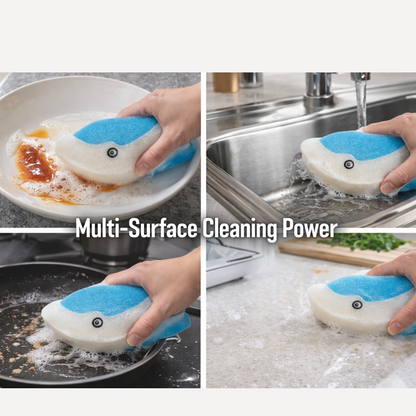Four insets show the dolphin sponge cleaning a dirty plate, a kitchen sink, a frying pan, and a countertop.
