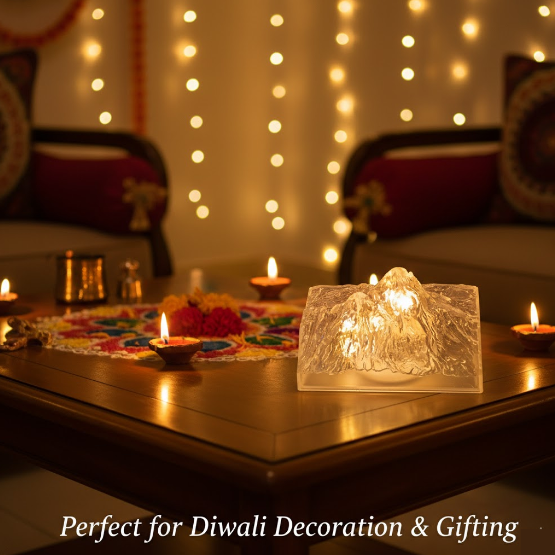 A clear LED iceberg light glows on a wooden table surrounded by small lit diyas and a colorful rangoli mat.