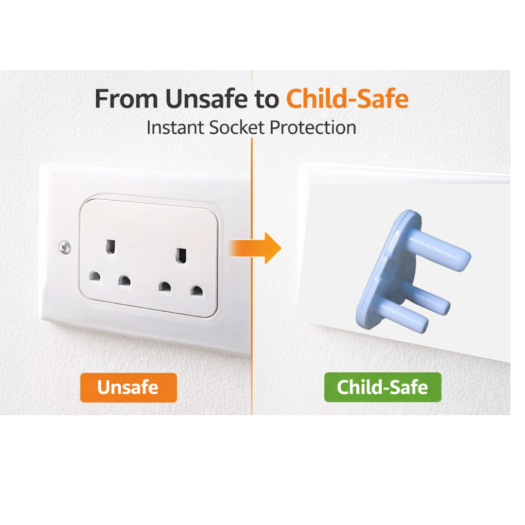 A split image showing an unsafe open socket on the left and a child-safe socket with a blue plug on the right.