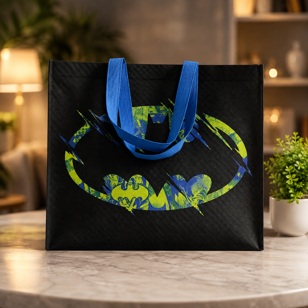 Black reusable tote bag with a distressed neon green and blue Batman logo on a marble table.