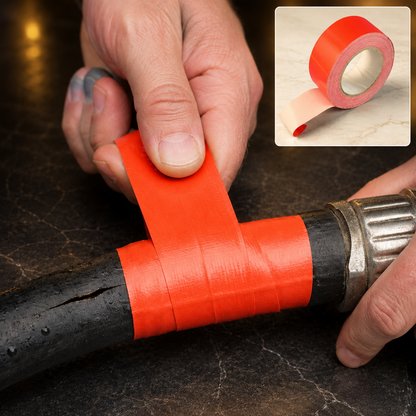 Hands applying red tape to a black pipe, with an inset showing a roll of red tape